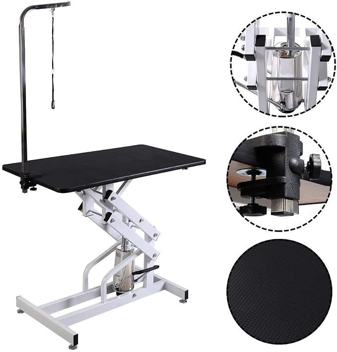 Hydraulic Dog Pet Grooming Table, 42 Inch Heavy Duty Professional Pet Grooming Station 21'' -36'' Height Adjustable for Small Medium Large Dog at Home with Clamps and Grooming Noose, Black