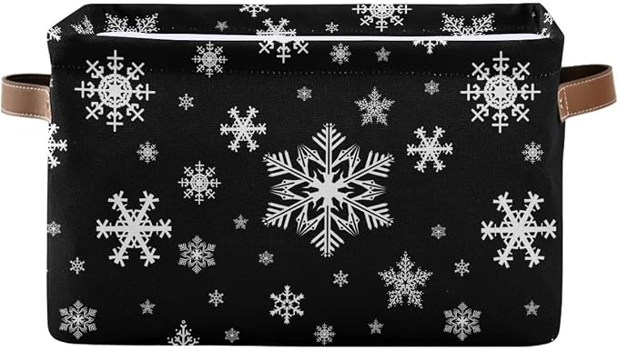 Winter Snowflake Black Storage Basket Fabric Kitchen Baskets Christmas Holiday Open Home Storage Bins Boxes Foldable Organizer Bag for Baby Cloth Xmas Baskets 16×12×8 Inches 2 Pack