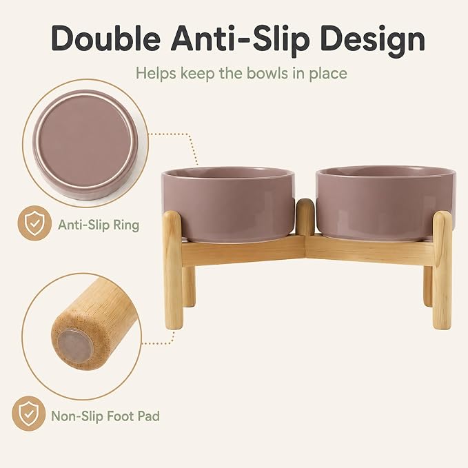 Havniva Ceramic Dog Bowls Elevated, Raised Dog Food Bowl for Small Dogs | 6.1” Elevated Dog Bowls, Non-Slip Wood Stand, Dog Food and Water Bowl Set, Dog Feeding Dish, Large Capacity Pet Water Bowl