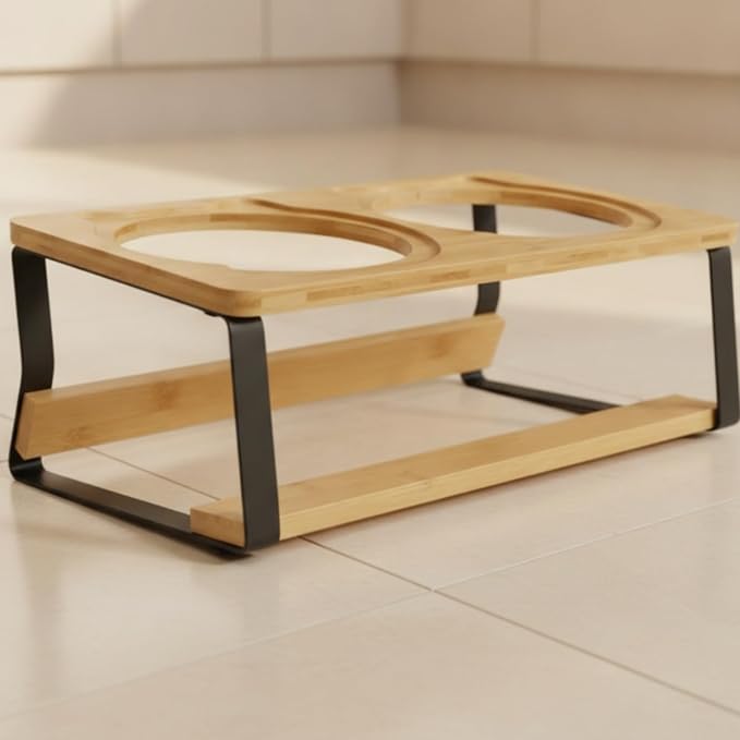 Cat Bowl Stand Elevated Feeder Raised Holder Double Dish Organizer Bamboo Wood and Iron Slanted Design with Stable Base Suitable for Cats and Small