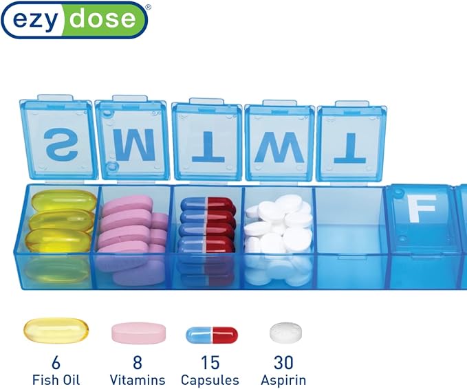 Ezy Dose Weekly (7-Day) Pill Organizer, X-Large Medicine Planner, Blue