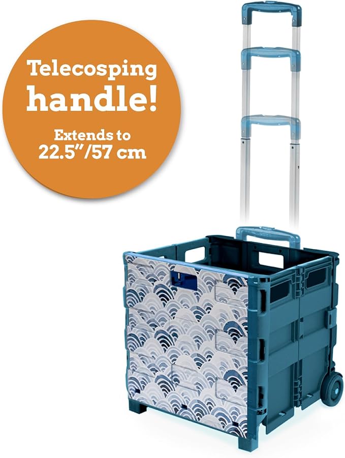 Inspired Living Ultra-Slim Rolling Collapsible Storage Pack-N-Roll Utility-carts, with Telescopic Handle, for Home, Garden, Shopping, Office, School use, Large, Blue, Wave Print