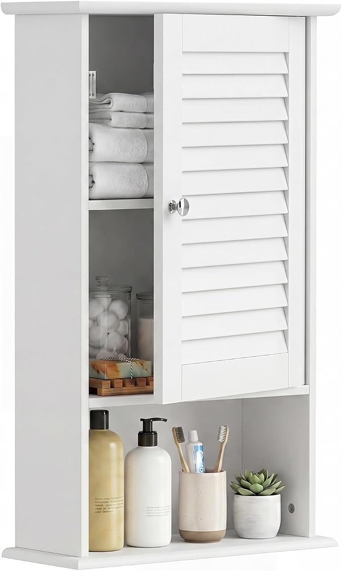 Tangkula Medicine Cabinet, Wall Mounted Bathroom Cabinet Single Door Wooden Bathroom Wall Cabinet with Adjustable Shelf