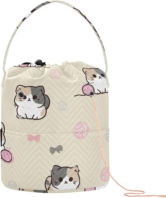 Tatenale Crochet Bag Yarn Bag Knitting Project Bag with Pockets and Handle Portable Yarn Storage Organizer Tangle Free 8.3x11 Inch Cats Cute