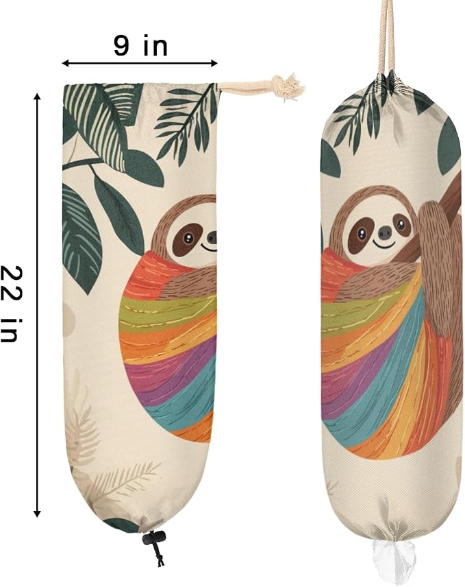 Tree Fern Sloth Plastic Bag Holder Colorful Stripes Grocery Bag Storage Dispenser Washable Hanging Shopping Bags Carrier Reusable Wall Mount Trash Bag Organizer for Kitchen Pantry