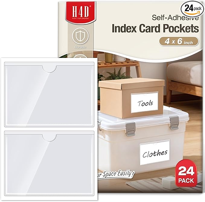 H4D 24 Pack labels for Storage Bins, 4" x 6" Plastic Clear Adhesive Pockets | Top-Open Index Card Holder, Waterproof & Removable Labels for Storage Bins, Totes, Containers, Shelves & Library Organization