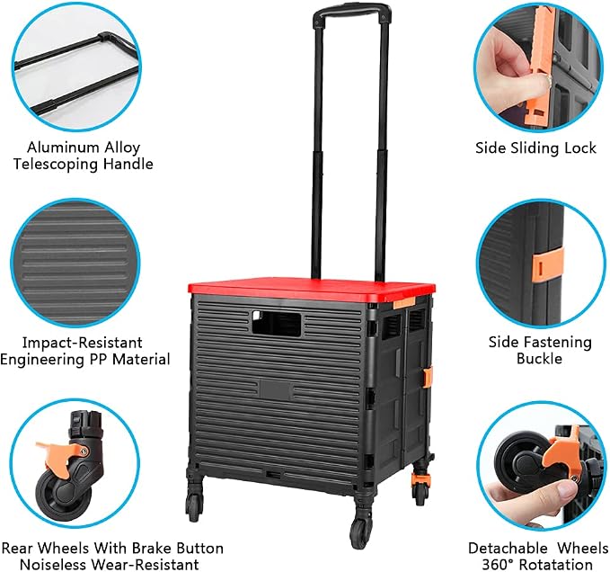 FELICON SELORSS Foldable Utility Cart Folding Portable Rolling Crate-Red | Heavy Duty,Telescoping Handle,4 Rotate Wheels,Collapsible Handcart for Travel Shop Move Luggage Laundry Teacher Office Use