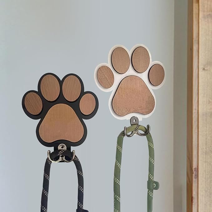 2 Pieces Dog Leash Holder Wall Mount Organizer Wooden Double Hooks Pet Collars Hanger Paw Print Key Rack Suitable for Room Home Organization