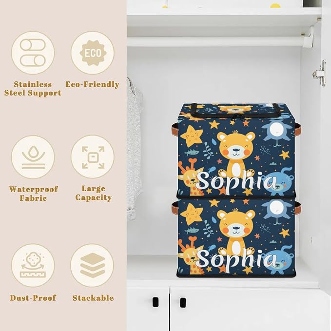 Custom Cute Animals Storage-Bin With Zipper Lid for Kids-Girls-Boys-Baby-Pet,Personalized Name Foldable Storage Box with Handle,Baby Basket With Label for Bedroom Nursery Toy Clothes,Blue