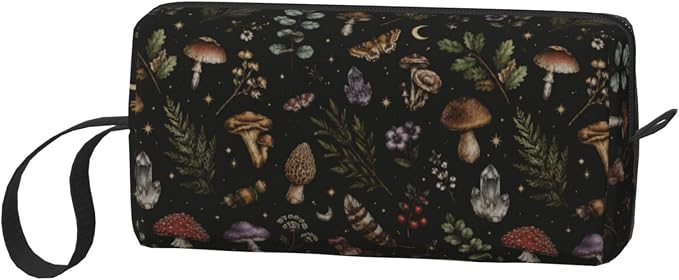 Dark Gothic Forest Botanical Makeup Bag for Women Mushroom | Small Travel Cosmetic Pouch with Zipper, Compact Makeup Organizer Bag for Purse, Toiletries, Skincare & Daily Essentials