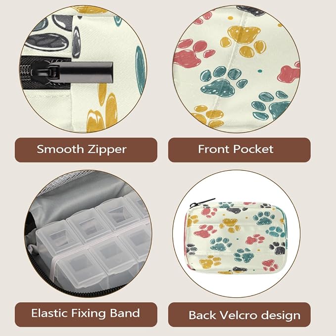 Weekly Pill Organizer Travel Size Bag with Removable 7 Day Pill Box Portable Vitamin Case Purse with Zipper,Vintage Pet Paws Beige