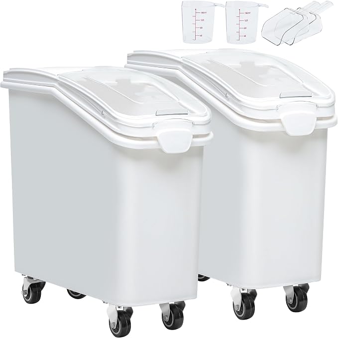 YITAHOME 21-Gallon Food Storage Container Bulk Flour Bin, Large Ingredient Storage Bin with Wheels, Measuring Cup & Scoop, for Kitchen/Dining Room, Commercial Rice Container, 2 count,White