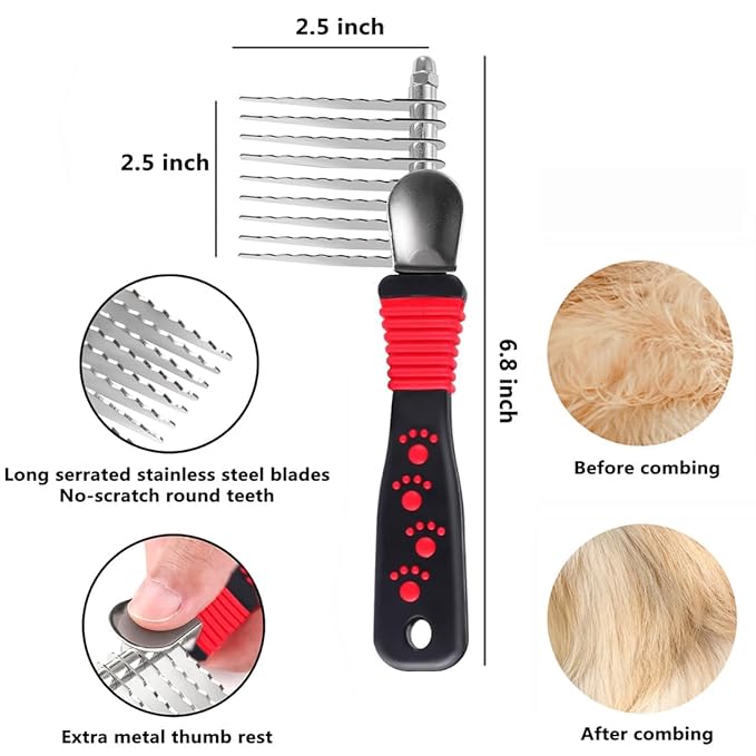 QUMY Dog Comb for Dematting, Stainless Steel Pet Grooming Comb, Removes Dead, Matted or Knotted Hair, Finishing and Fluffing, Comfort-Grip Handle - Pack of 1