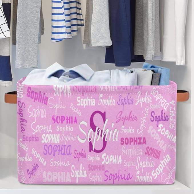 Personalized Kids Toy Box with Name, Custom Nursery Baskets Cubes Bins, Kids Custom Storage Basket Laundry Baskets Organizer with Handles, Pink Background