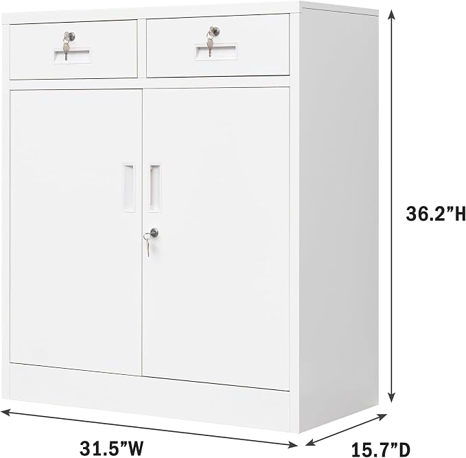 Wanfu Metal Storage Cabinet, Locking Storage Cabinet with Adjustable Shelf, 36" H Metal Cabinets with 2 Drawers for Office, Garage, Home-White