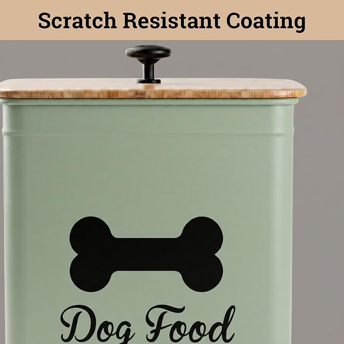 Metal Dog Food Container 5-7lb, 25 Cup w/ Airtight Bamboo Lid, Metal Handle | Pet Jar For Dogs up to 50lbs, Airtight Bamboo Lid, Sturdy Comfortable Metal Handle, Powder Coated Iron, Kibble Storage Bin