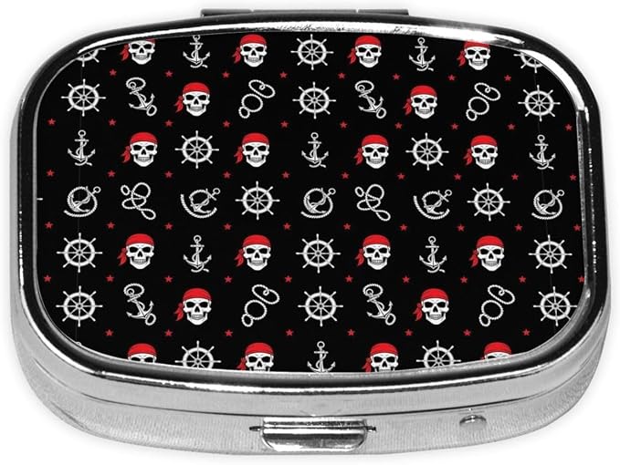 Purse Pill Container Slim Vitamin Organizer Credit-Card Sized Women’s Daily Essential, Nautical Anchor Pirate Skulls Crossbones