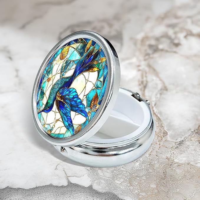 Portable Round 3 Compartment Metal Pill Box Bohemian Translucent Hummingbird Dream Catcher Colorful Design for Travel Daily Medications Home Organization