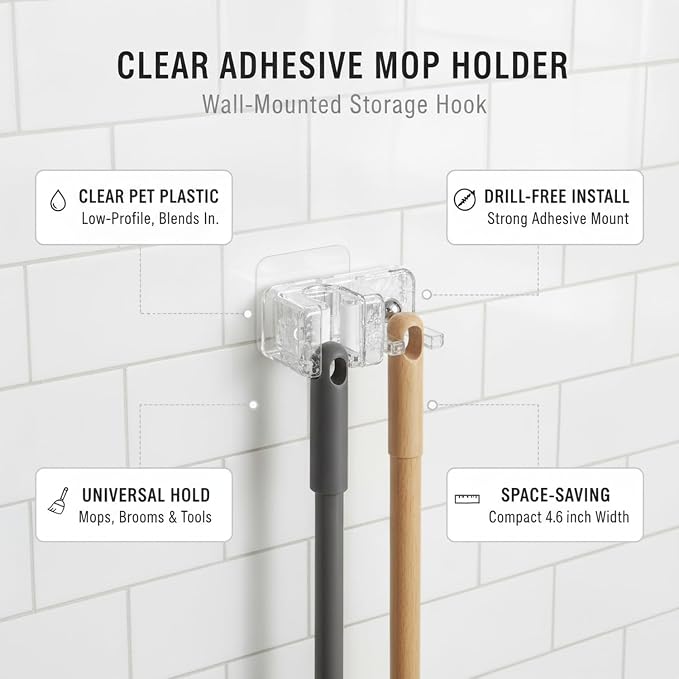 Clear Adhesive Mop Holder for Wall, No-Drill Storage Hook for Brooms & Cleaning Tools, Transparent PET Mount for Bathroom & Kitchen Tile (1 Pack)