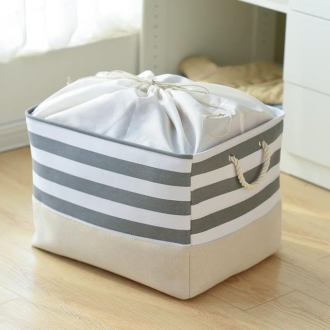 Jumbo Storage Bins Baskets, Sturdy Fabric Organizing Basket W/Handles, Decorative Foldable Storage Baskets for Shelves Closet Nursery Toy (Grey&White Stripes 3 Pack, 20.5Lx15.7Wx13.8H in)