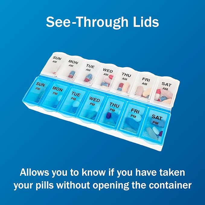 Amazon Basic Care 7-Day AM/PM Pill Organizer | Large Compartments | 2 Times Daily | Blue Clear Lids | Pack of 2