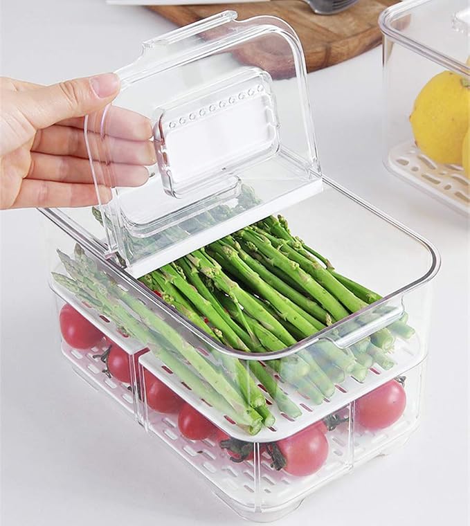 SANNO Vegetable Fruit Storage Containers, Food Storage Containers Fridge Produce Save, Stackable Refrigerator Organizer Keeper Drawers Bins Baskets with Lids and Removable Drain Tray