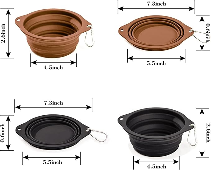 2 Pack Silicone No Spill Collapsible Travel Dog Feeding Bowls | Food-Grade Silicone, BPA Free, Travel Pet Bowls, with Carabiner Clip for Hiking, Durable & Quality, Dishwasher Safe