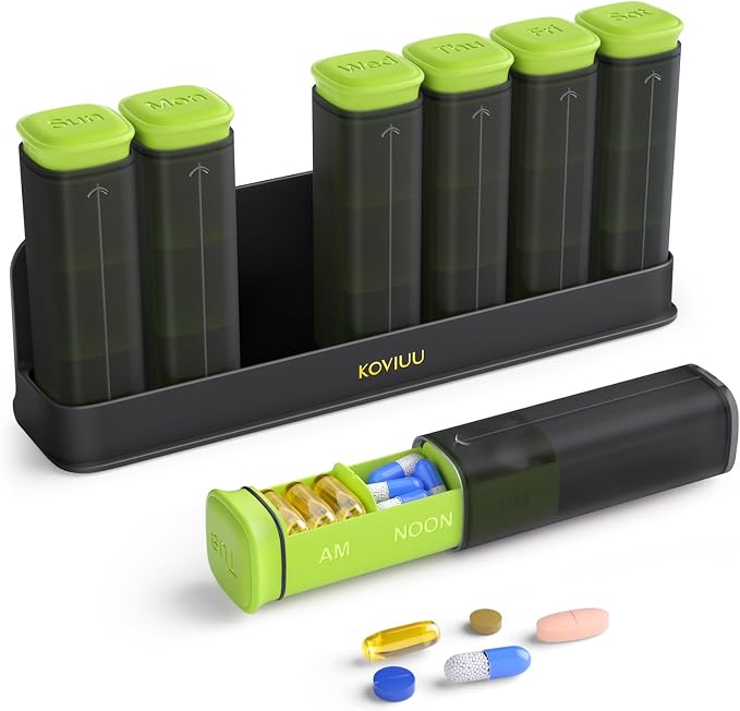 KOVIUU Weekly Pill Organizer 3X a Day, Large Daily 7-Day Pill Box, Green | Detachable Pill Case with 3 Compartments | Travel Pill Container Holder for Vitamins, Supplements, Medications | BPA-Free