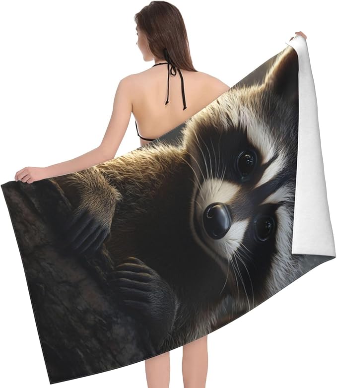 Raccoon Beach Towel 31inx51in, Animal Sand-Free Microfiber Bath Towel Ultra Soft Quick Dry Pool Towel Absorbent Towel Lightweight Towel for Swimming Bathroom Decor