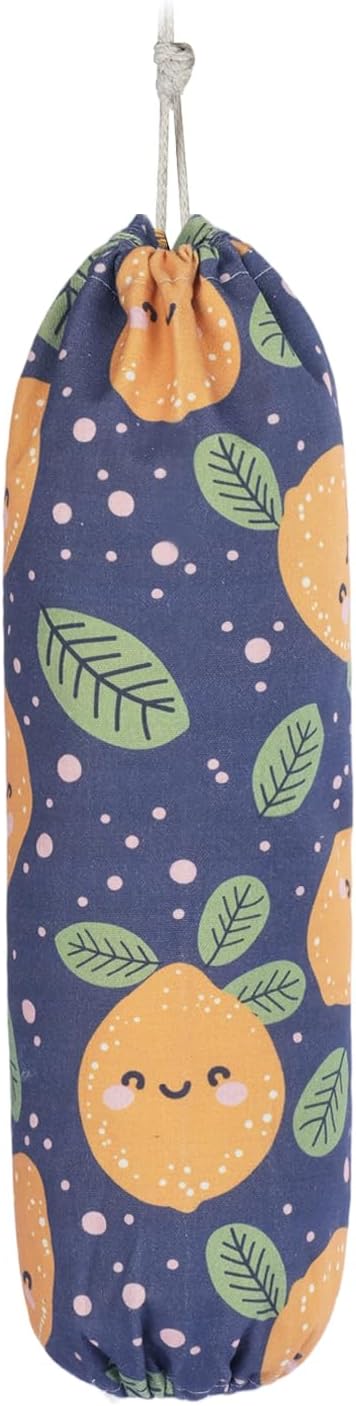 Plastic Bag Holder, Reusable Grocery Bag Holder for Plastic Bags Groceries Store, Flower Canvas Trash Plastic Bag Organizer Storage Holders for Home Kitchen Pantry Decor (Blue Lemon)