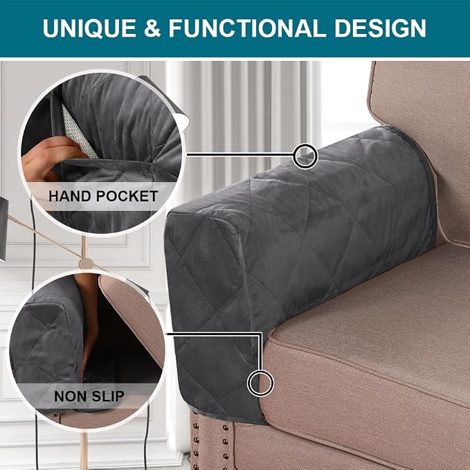 Velvet Quilted Armrest Covers - Water-Resistant Sofa Arm Protectors Set of 2 with Side Pocket Organizer, Non-Slip Furniture Covers for Chairs & Couches (Gray)