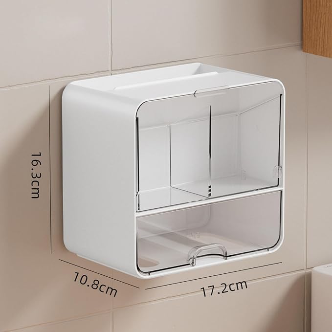 Acrylic Wall Mount Organizer, Wall Mounted Tampon and Pad Holder for Bathroom, No Drilling Feminine Hygiene Organizer with Lid and Drawer for Bathroom Cotton Swabs, Balls, Pads, Floss Picks
