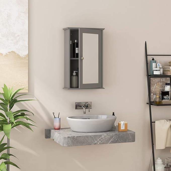 LOKO Bathroom Medicine Cabinet, Wall Mounted Storage Cabinet (Grey) | Single Mirrored Door | Adjustable Shelf | For Bathroom, Living Room, Entryway | 13.5 x 6 x 21 inches