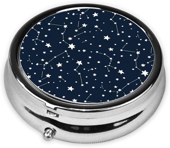 Mini Pill Container, Constellation Galaxy Starry Night Stars Glow in The Dark Midnight Round Sturdy Organizer, Portable Holder for Supplements, Travel Pill Case Purse Essential for Gym