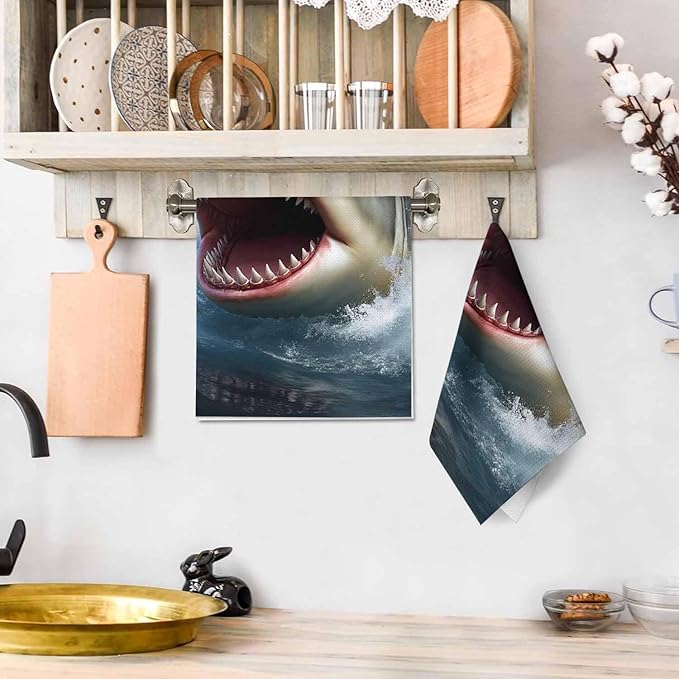 Shark Kitchen Towels Great White Shark Open Mouth Jumping Water Soft and Super Absorbent Dish Towels 2 Pack 16 X 24 Inches