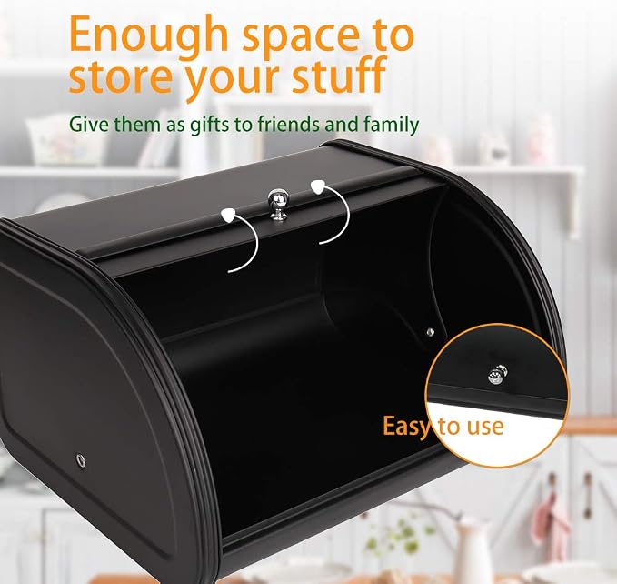 Home by Jackie Inc X458 Black Metal Bread Box/Bin/kitchen Storage Containers with Roll Top Lid (Black) | Large Space, Keeps Bakery Items Fresh Longer, Stores Cookies, Bagels, Muffins