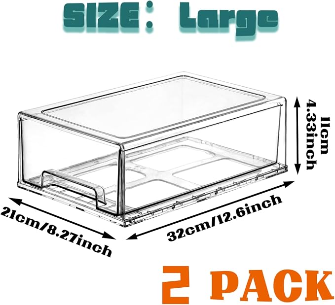 Clear Stackable Refrigerator Organizers and Storage Drawers - Pull-Out Fridge Bins with handles for Kitchen，Pantry，Cabinet，Bathroom, Undersink，Closet (2 Pack)
