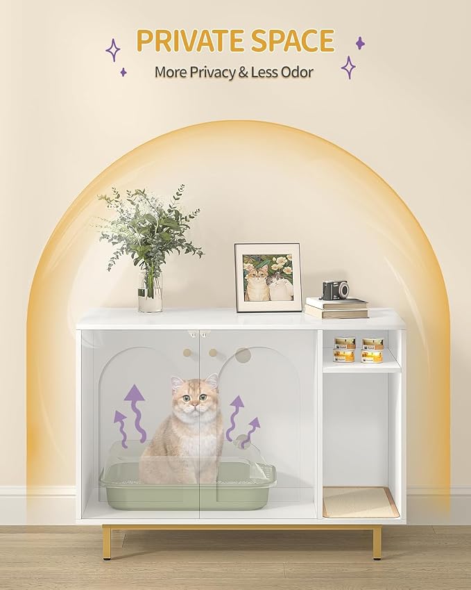 Hzuaneri Cat Litter Box Enclosure,Hidden Litter Box Furniture with Storage | Large Wooden Cabinet with Sisal Mat, Modern Cat Washroom for Living Room, Bedroom, Entryway, White and Gold CB84903A