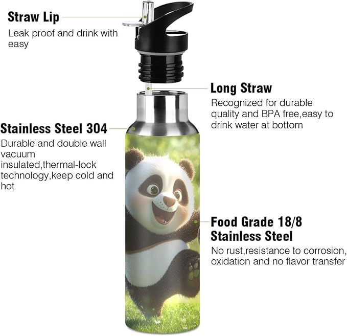 Panda Playing Football Water Bottle with Straw Lid Kids Insulated Stainless Steel Water Flask Sports, 20 Oz Hot Cold