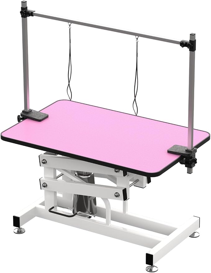 Hydraulic Dog Pet Grooming Table, 42 Inch Heavy Duty Professional Pet Grooming Station 21'' -36'' Height Adjustable for Large Dog at Home with Adjustable Overhead Arm, Clamp and Grooming Noose, Pink
