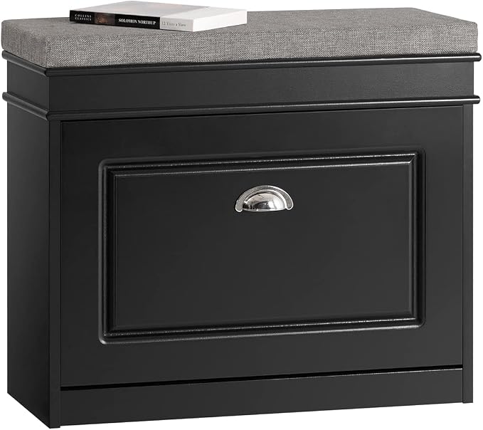 Haotian Black Hallway Shoe Bench, Narrow Shoe Rack Entryway, Small Shoe Cabinet with Flip-Drawer and Seat Cushion, FSR82-K-SCH