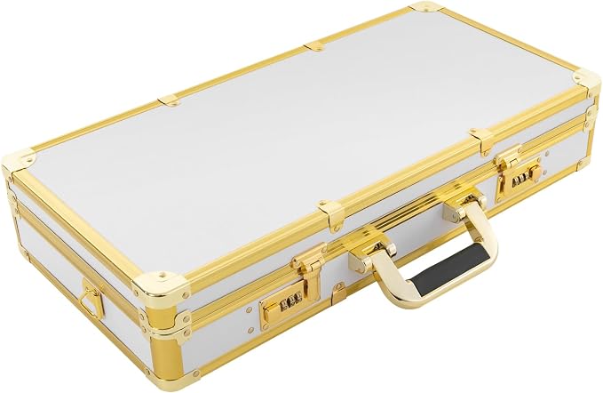Barber Case, Professional Barber Travel Carry Cases for Clippers and Supplies Storage, Hair Stylist Tool Kits Organizer Beauty Salon Barber Box with Shoulder Strap & Code Lock (White&Gold)