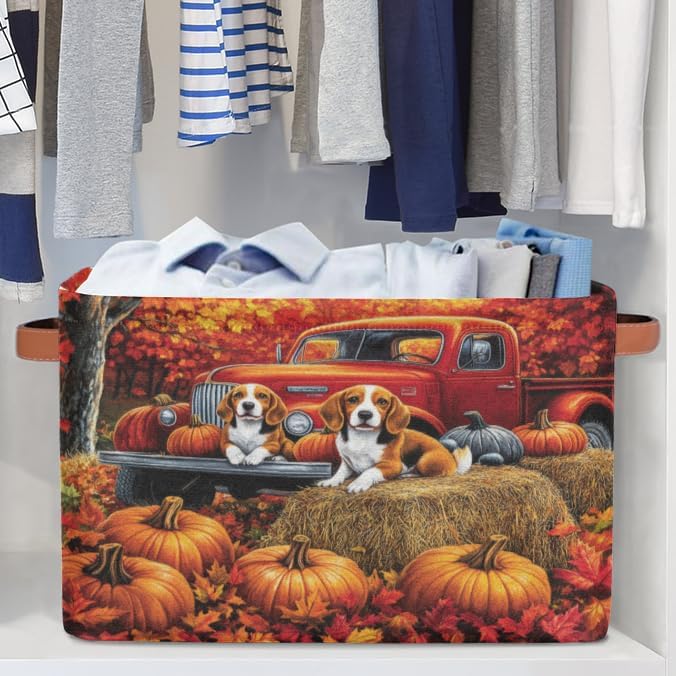 Autumn Truck Dogs Storage Bins Theme Storage Nursery Baskets with Handle Closet Collapsible Organizer Shelf Boxes for Book Cloth 15¡Á11¡Á9.5 IN