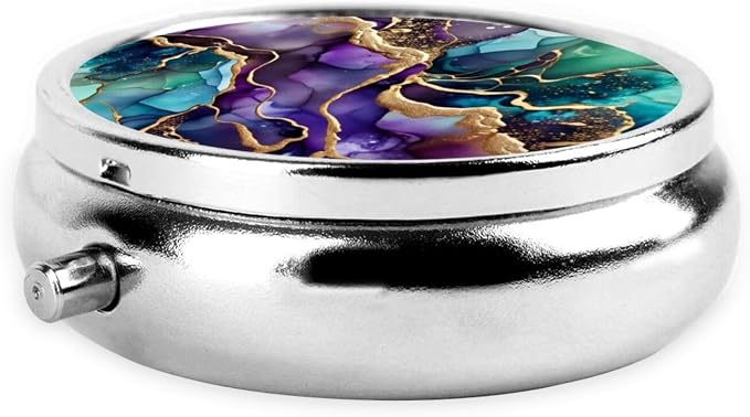 Watercolor Golden Line Abstract Marble Shape Portable Pill Organizer | 3 Compartment, With Mirror, For Men Women, For Daily Supplements, Vitamins, Fish Oil, Jewelry, Candy, Travel