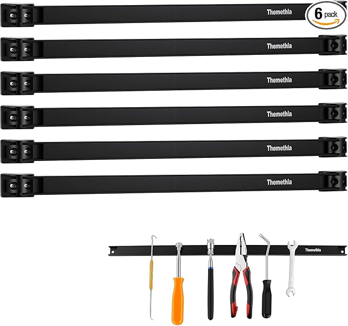 18" Magnetic Tool Holder Strip, 6 Pieces Black Metal Tool Organizer Rack with Stainless Steel Surface, Magnet Bar for Garage Workshop, Easy To Install with Mounting Screws