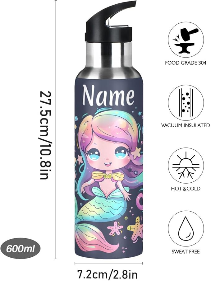 Custom Name Cute Mermaid Water Bottle with Straw Lid Kids Insulated Stainless Steel Water Flask Sports, 20 Oz Hot Cold