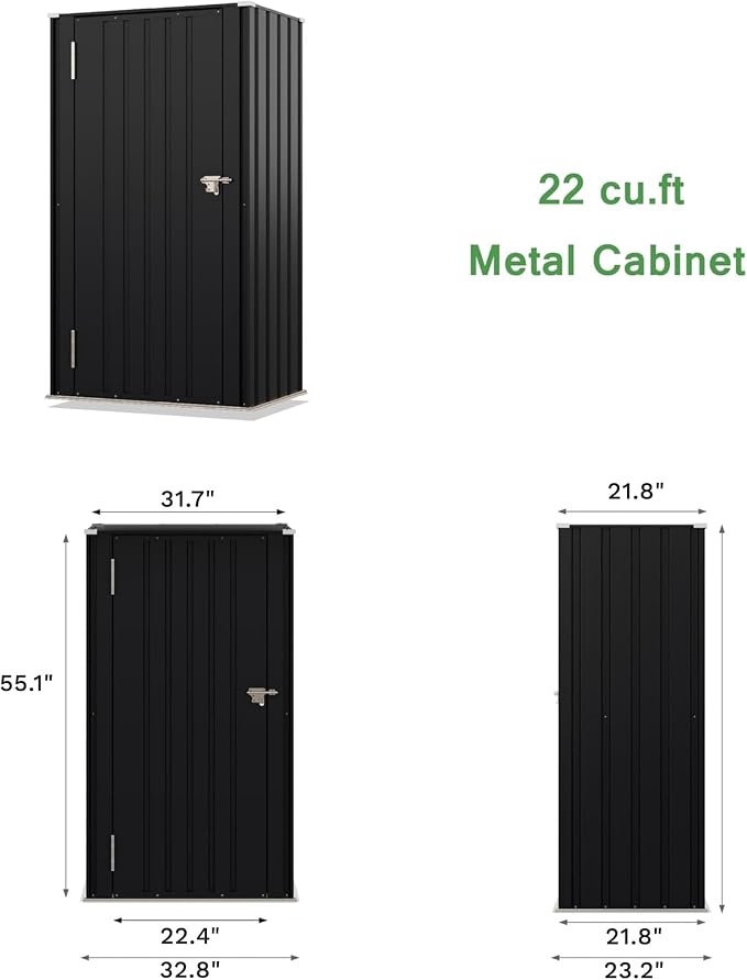 Devoko 22 Cuft Vertical Storage Shed Without Adjustable Shelves, Black | Metal Tool Garden Outdoor Storage Cabinet with Lockable Door for Patio Garden Backyard, Black