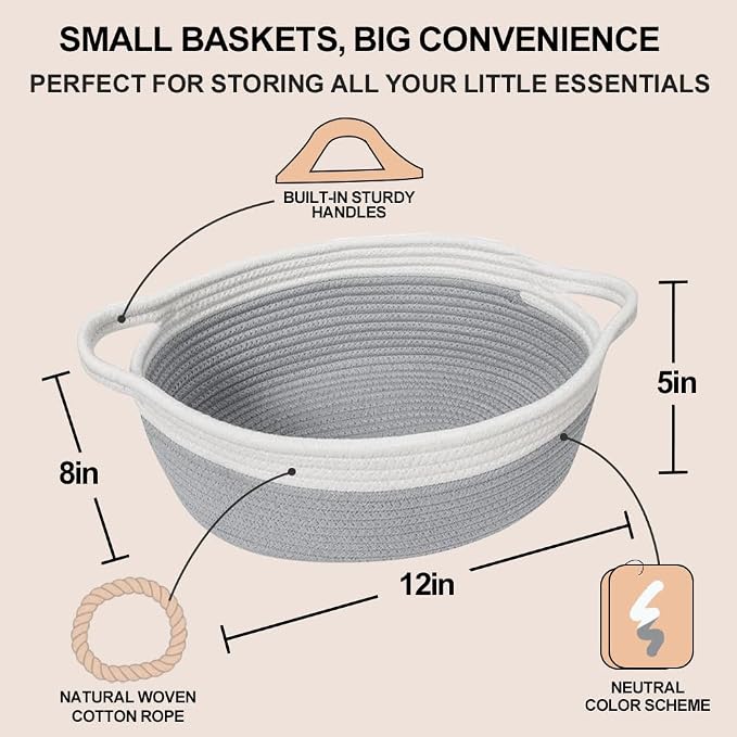 Small Dog Toy Basket, Woven Cotton Rope Storage Box for Cat Dog, Pet Baby Nursery Organizer, Empty Baskets for Gifts, Wicker Basket with Handles, Cute Shelf Bin for Decor, 12"x 8"x 5", Gray