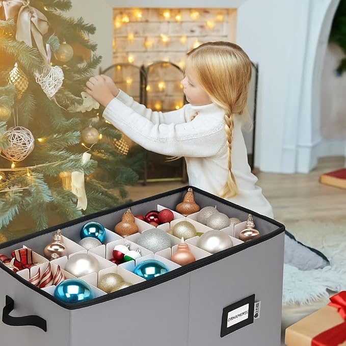 Christmas Ornament Storage Container with Dividers - Box Stores Up to 54 Ornaments, Zippered, Convenient, Adjustable, Large Organizer Bin to Protect Holiday Décor, Fits Most Standard Size, Grey