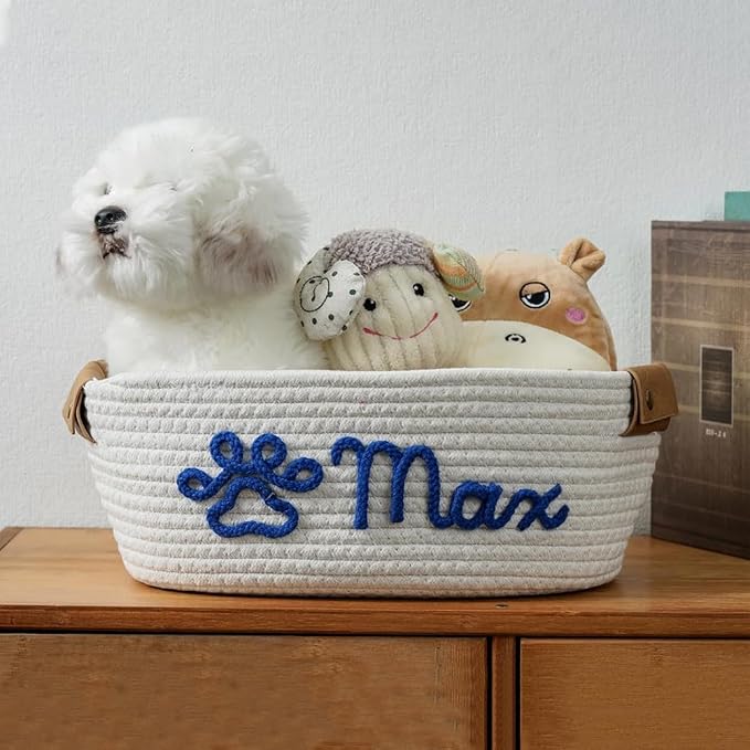 Customized Pet Toy Basket | Personalized Dog & Cat Name Bin | Pet Gift with Name Cotton Rope Design | Dog Toy Organizer & Cat Toy Storage | Large & Small Sizes Available